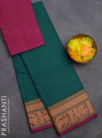 Chettinad cotton saree teal green and magenta pink with plain body and thread woven border & woven blouse