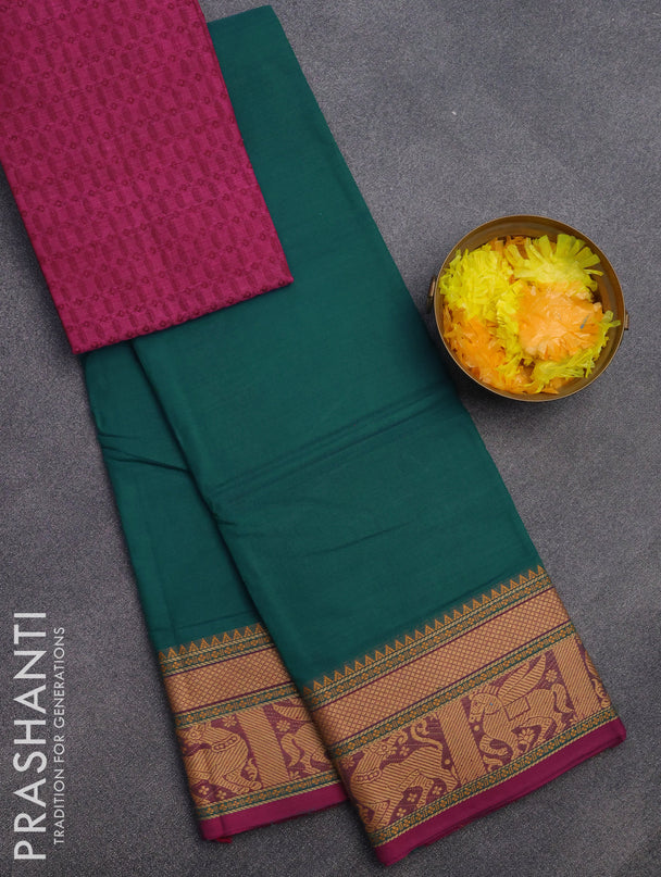 Chettinad cotton saree teal green and magenta pink with plain body and thread woven border & woven blouse