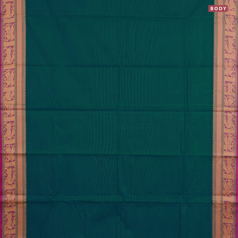 Chettinad cotton saree teal green and magenta pink with plain body and thread woven border & woven blouse