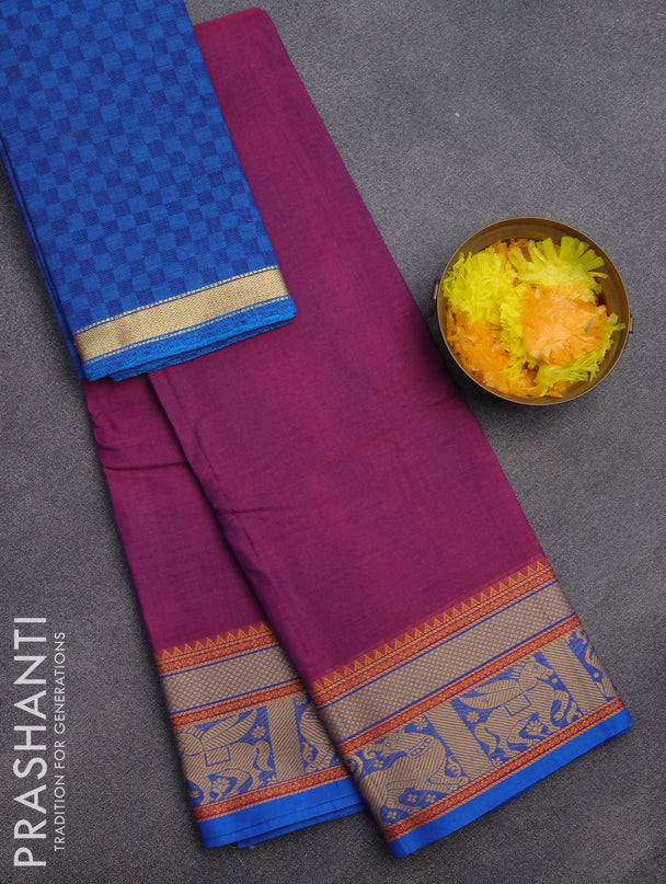 Chettinad cotton saree purple and cs blue with plain body and thread woven border & woven blouse