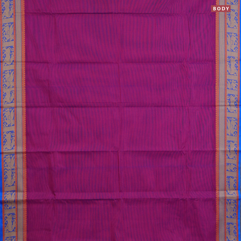 Chettinad cotton saree purple and cs blue with plain body and thread woven border & woven blouse