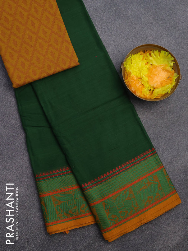 Chettinad cotton saree green and yellow with plain body and thread woven border & woven blouse