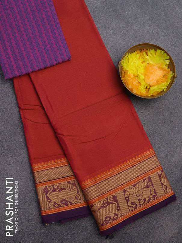 Chettinad cotton saree pink shade and blue with plain body and thread woven border & woven blouse