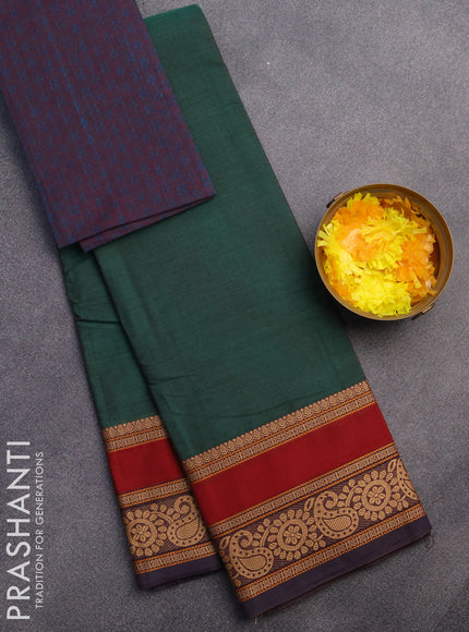 Chettinad cotton saree green and maroon with plain body and thread woven border & woven blouse