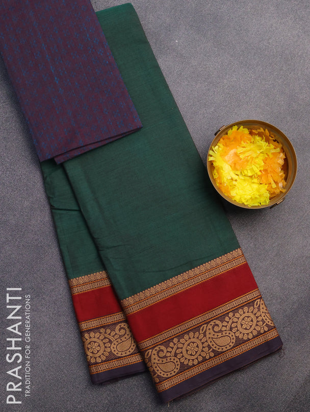 Chettinad cotton saree green and maroon with plain body and thread woven border & woven blouse