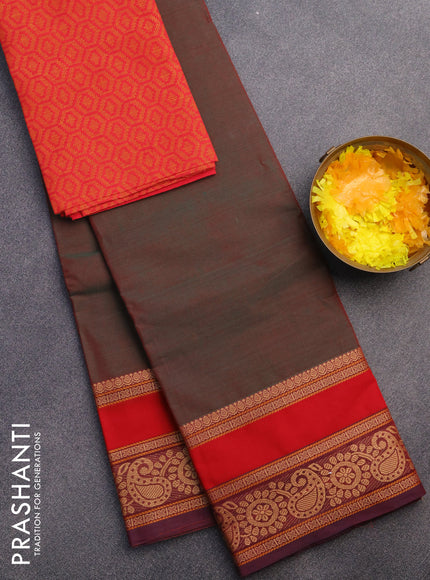 Chettinad cotton saree manthulir green and red with thread woven buttas and thread woven border & woven blouse