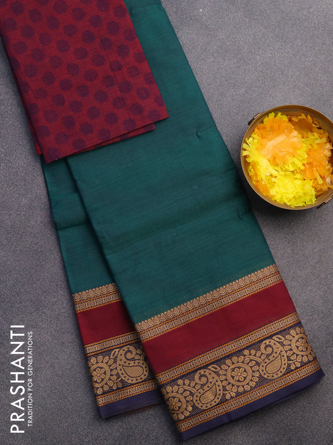 Chettinad cotton saree green and maroon blue with thread woven buttas and thread woven border & woven blouse