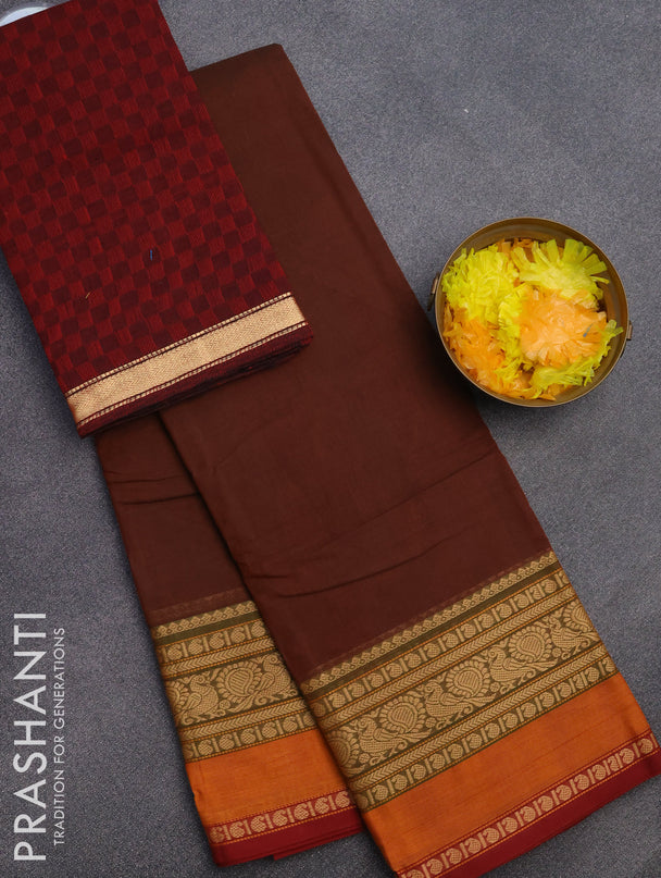 Chettinad cotton saree rust shade and maroon with plain body and thread woven border & woven blouse