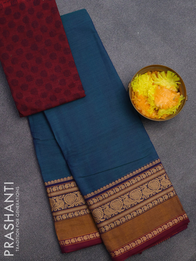 Chettinad cotton saree peacock green and maroon with plain body and thread woven border & woven blouse