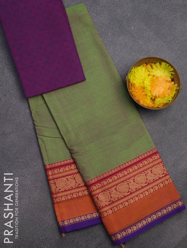 Chettinad cotton saree green shade and purple with plain body and thread woven border & woven blouse