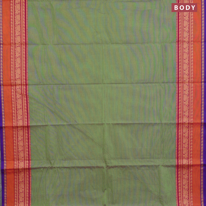 Chettinad cotton saree green shade and purple with plain body and thread woven border & woven blouse