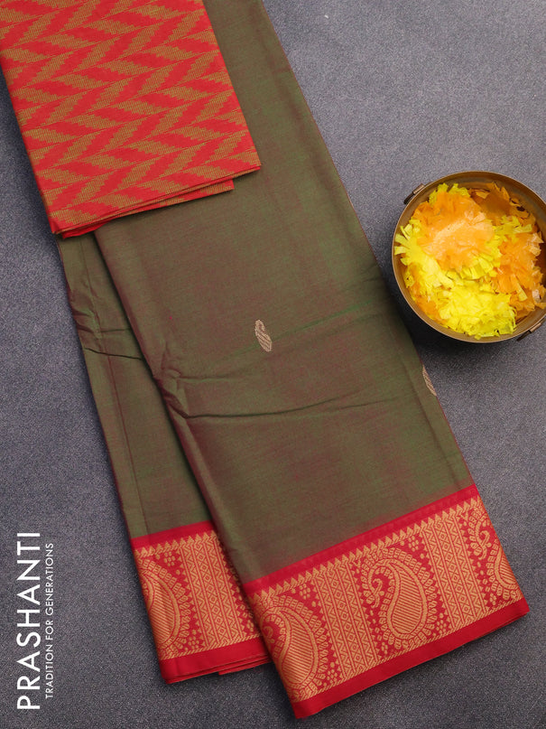 Chettinad cotton saree dual shade of green and pink with thread woven buttas and thread woven border & woven blouse