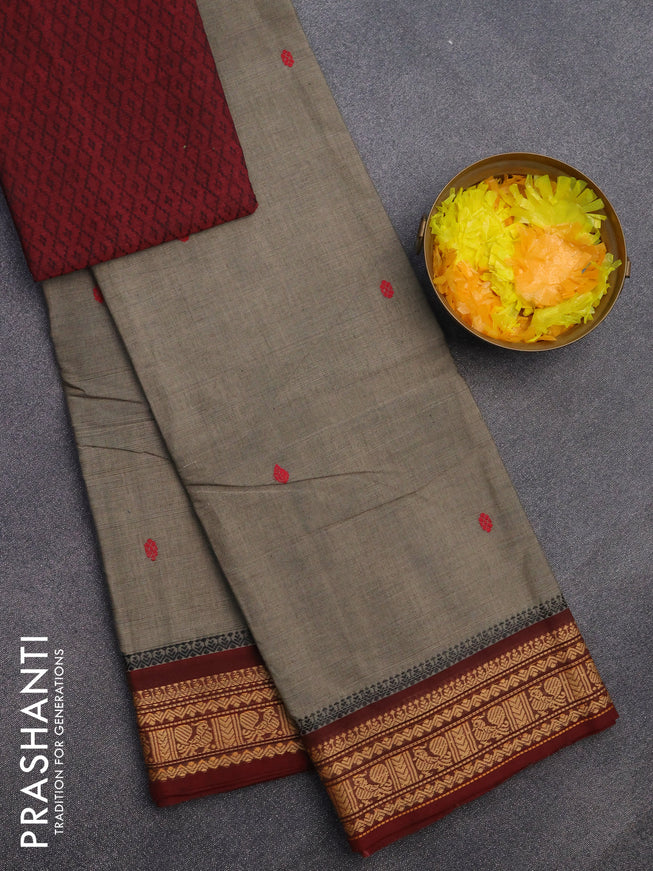 Chettinad cotton saree grey and maroon with thread woven buttas and thread woven border & woven blouse