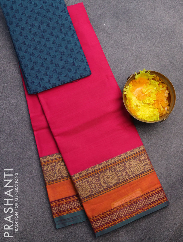 Chettinad cotton saree pink and peacock green with plain body and thread woven border & woven blouse