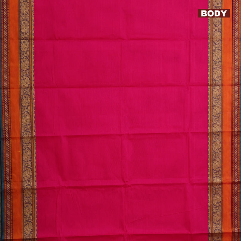 Chettinad cotton saree pink and peacock green with plain body and thread woven border & woven blouse