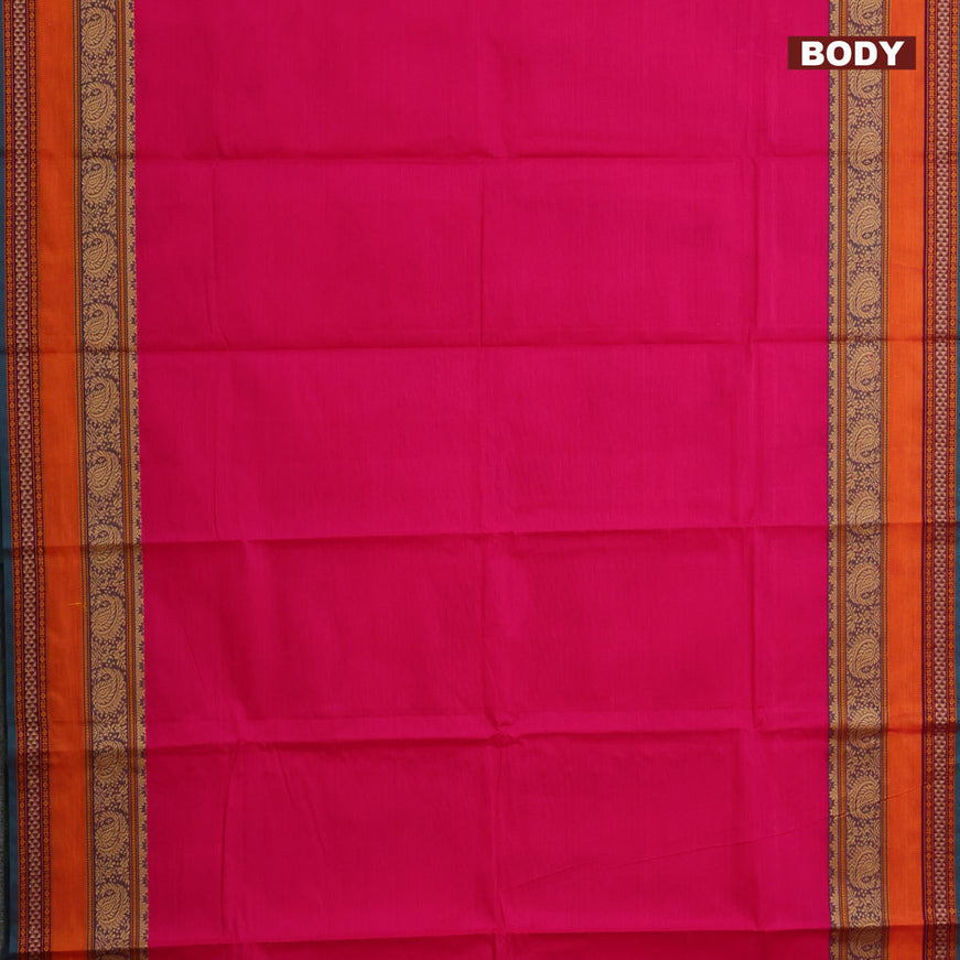 Chettinad cotton saree pink and peacock green with plain body and thread woven border & woven blouse