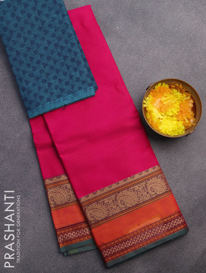 Chettinad cotton saree pink and peacock green with plain body and thread woven border & woven blouse