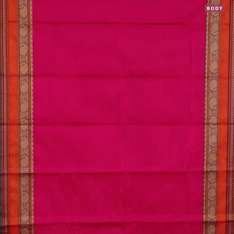 Chettinad cotton saree pink and peacock green with plain body and thread woven border & woven blouse