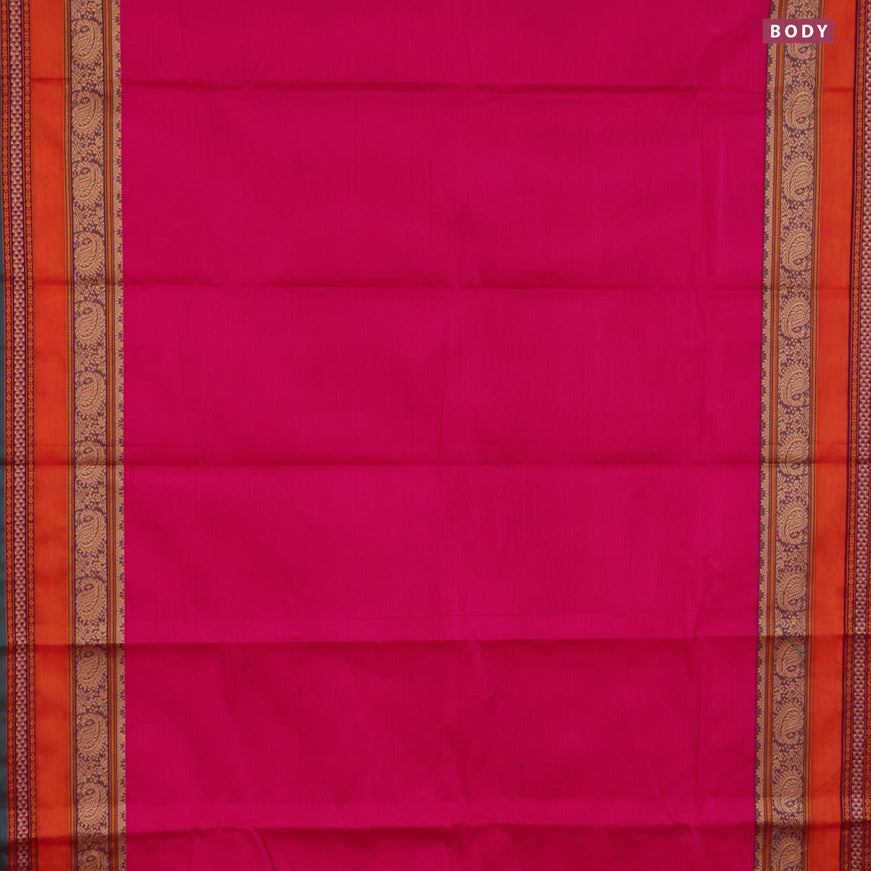 Chettinad cotton saree pink and peacock green with plain body and thread woven border & woven blouse