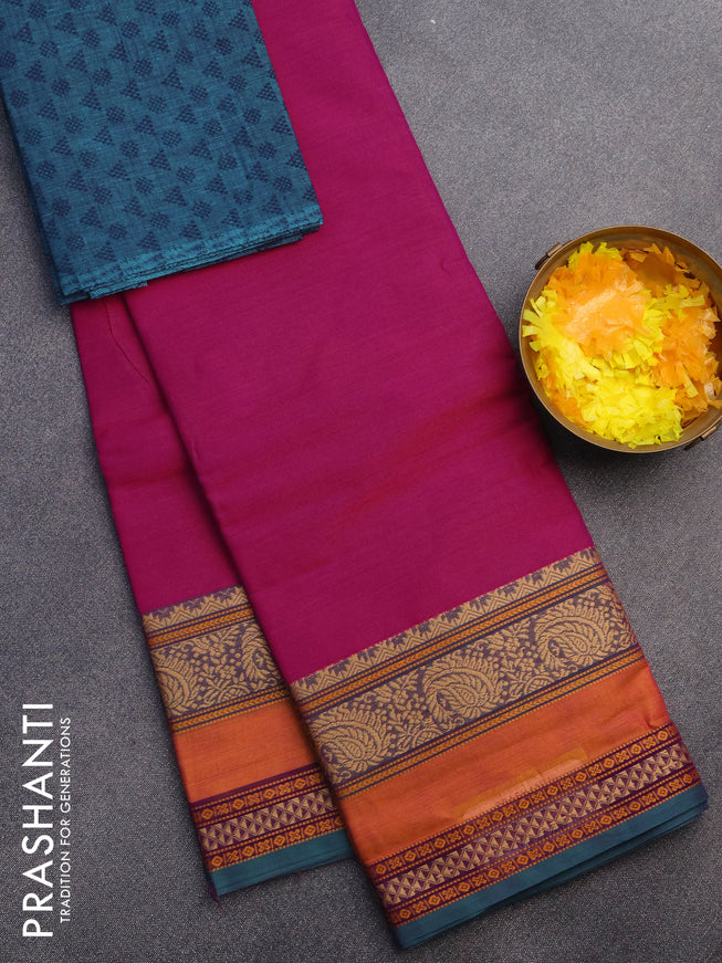 Chettinad cotton saree magenta pink and peacock green with plain body and thread woven border & woven blouse