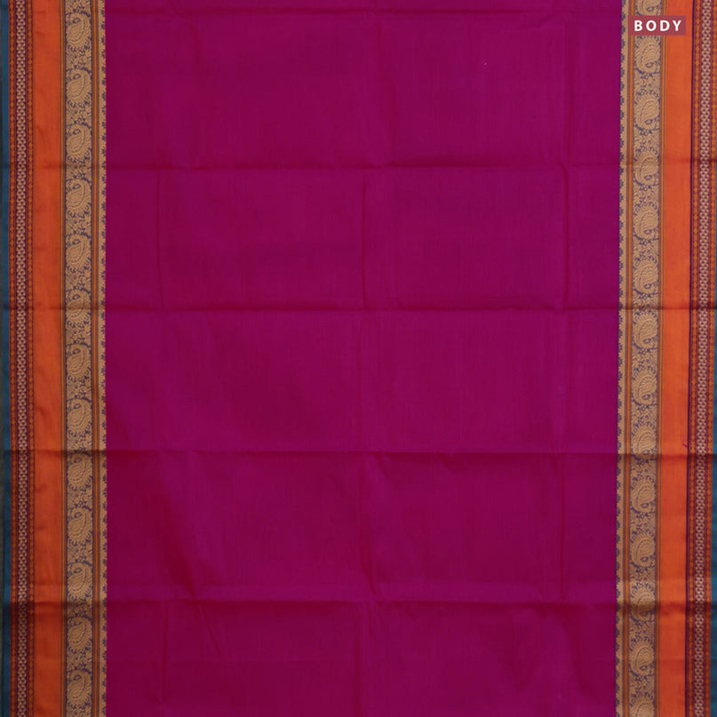 Chettinad cotton saree magenta pink and peacock green with plain body and thread woven border & woven blouse