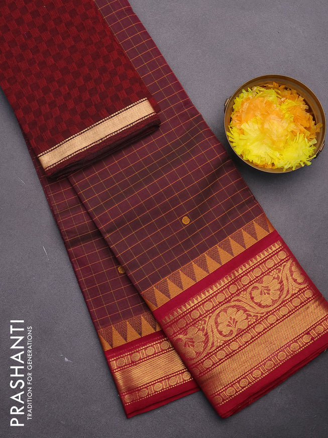 Chettinad cotton saree dual shade of pink and pink with allover checked pattern & thread woven buttas and temple deisgn zari woven border & woven blouse