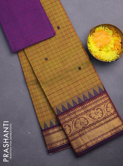 Chettinad cotton saree mustard green and deep purple with allover checked pattern & buttas and zari woven border & woven blouse