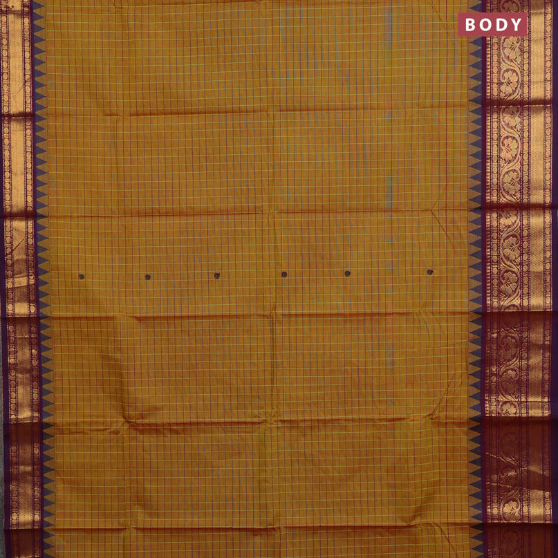 Chettinad cotton saree mustard green and deep purple with allover checked pattern & buttas and zari woven border & woven blouse