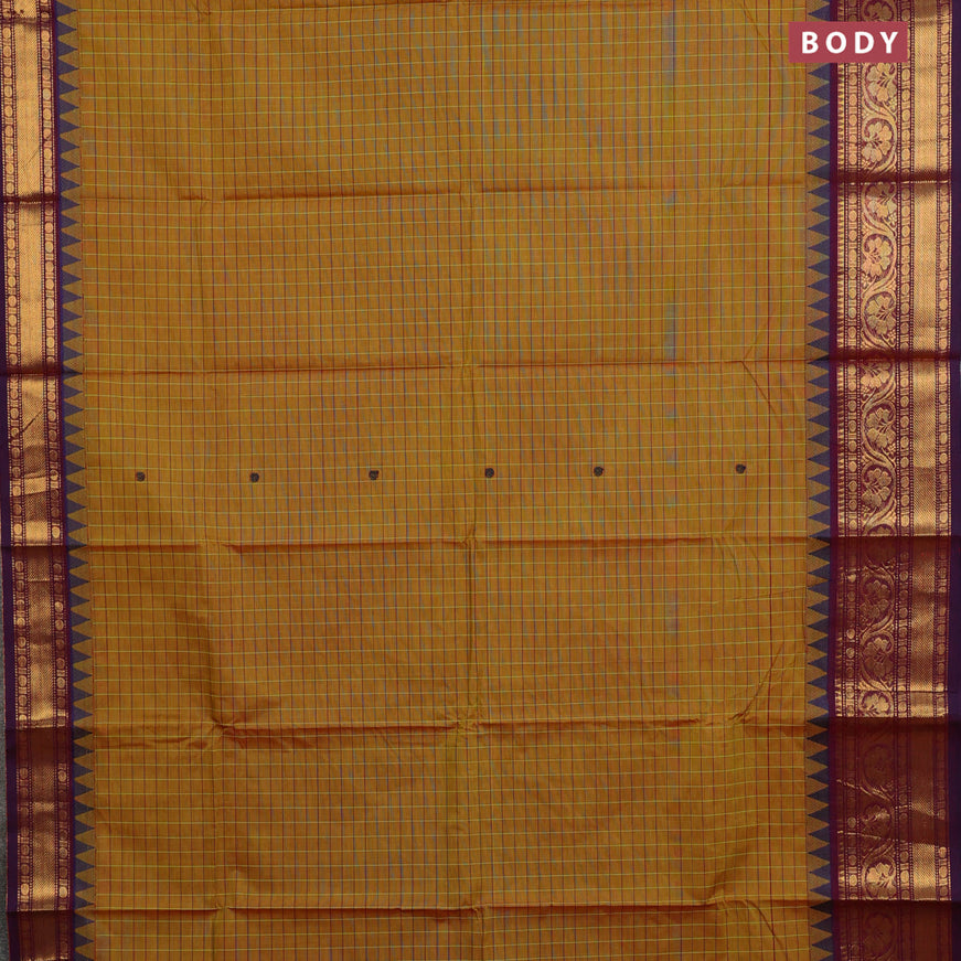 Chettinad cotton saree mustard green and deep purple with allover checked pattern & buttas and zari woven border & woven blouse