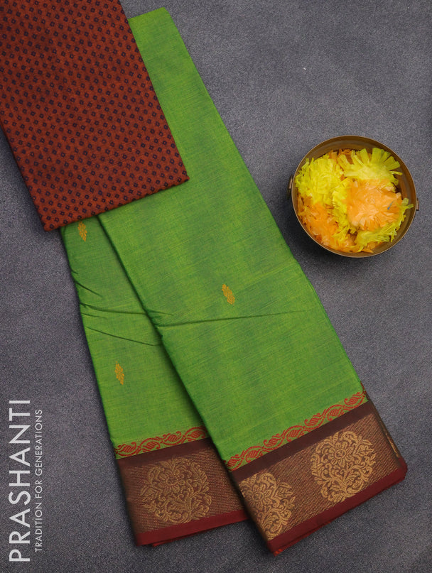 Chettinad cotton saree light green and maroon with thread woven buttas and zari woven butta border & woven blouse