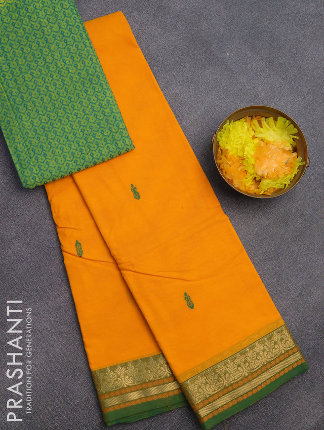 Chettinad cotton saree mango yellow and green with thread woven buttas and zari woven border & woven blouse