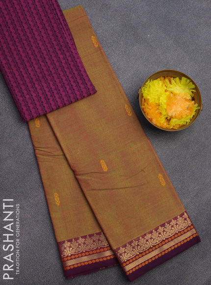 Chettinad cotton saree dual shade of green and purple with thread woven buttas and zari woven border & woven blouse