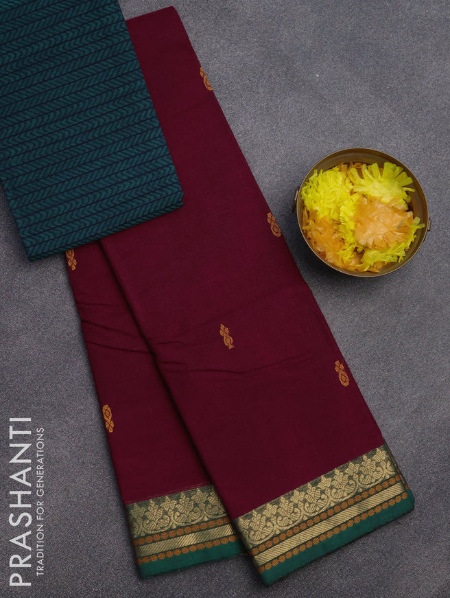 Chettinad cotton saree maroon and green with thread woven buttas and zari woven border & woven blouse