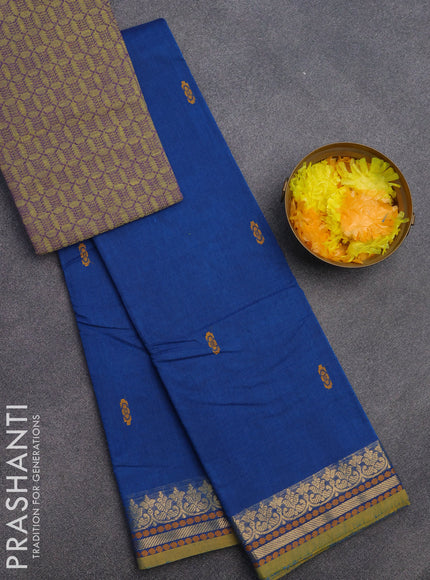 Chettinad cotton saree cs blue and green shade with thread woven buttas and zari woven border & woven blouse