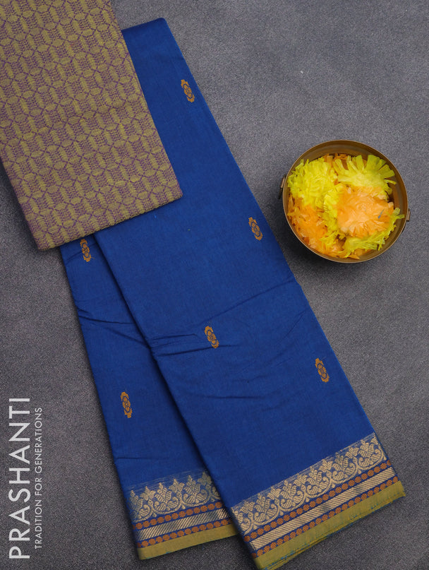 Chettinad cotton saree cs blue and green shade with thread woven buttas and zari woven border & woven blouse