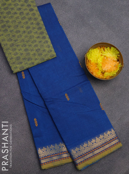 Chettinad cotton saree peacock blue and mustard shade with thread woven buttas and zari woven border & woven blouse