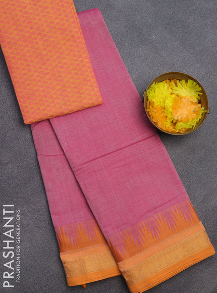 Chettinad cotton saree pink shade and orange with plain body and temple design zari woven border & woven blouse