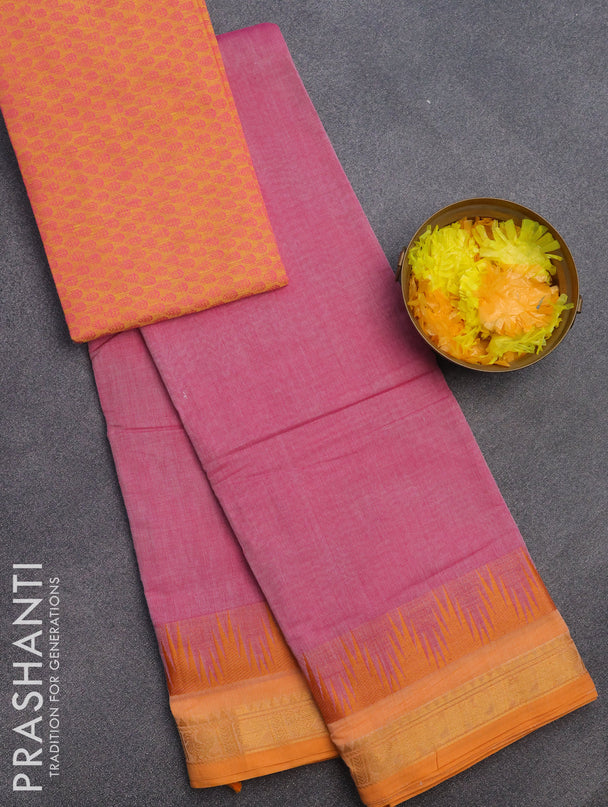 Chettinad cotton saree pink shade and orange with plain body and temple design zari woven border & woven blouse