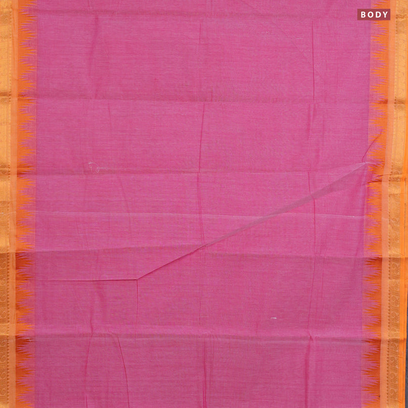 Chettinad cotton saree pink shade and orange with plain body and temple design zari woven border & woven blouse