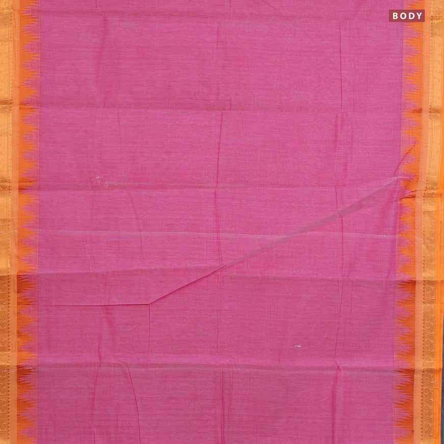 Chettinad cotton saree pink shade and orange with plain body and temple design zari woven border & woven blouse