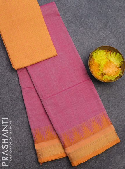 Chettinad cotton saree pink shade and orange with plain body and temple design zari woven border & woven blouse