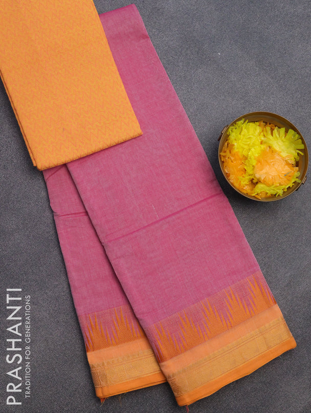 Chettinad cotton saree pink shade and orange with plain body and temple design zari woven border & woven blouse