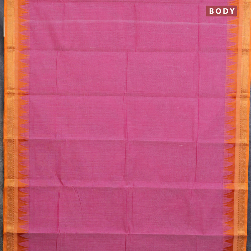 Chettinad cotton saree pink shade and orange with plain body and temple design zari woven border & woven blouse