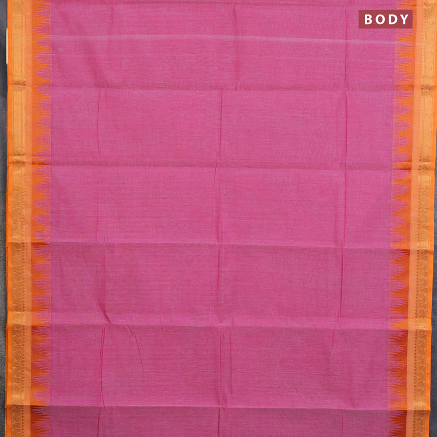 Chettinad cotton saree pink shade and orange with plain body and temple design zari woven border & woven blouse