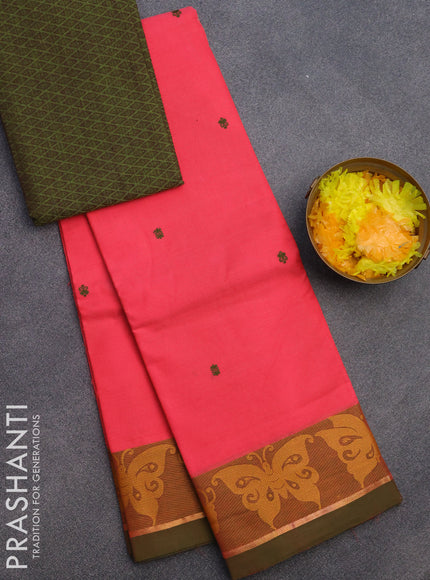 Chettinad cotton saree candy pink and dual shade of green with thread woven buttas and thread woven border & woven blouse