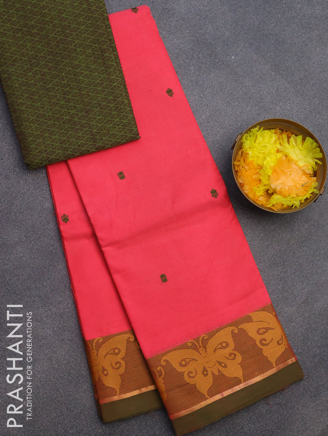 Chettinad cotton saree candy pink and dual shade of green with thread woven buttas and thread woven border & woven blouse