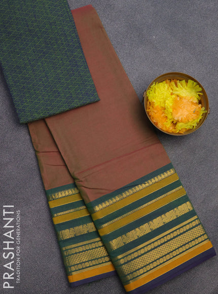 Chettinad cotton saree dual shade of pinkish green and dual shade of bluish green with plain body and long zari woven border & woven blouse