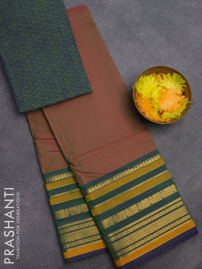 Chettinad cotton saree dual shade of pinkish green and dual shade of bluish green with plain body and long zari woven border & woven blouse