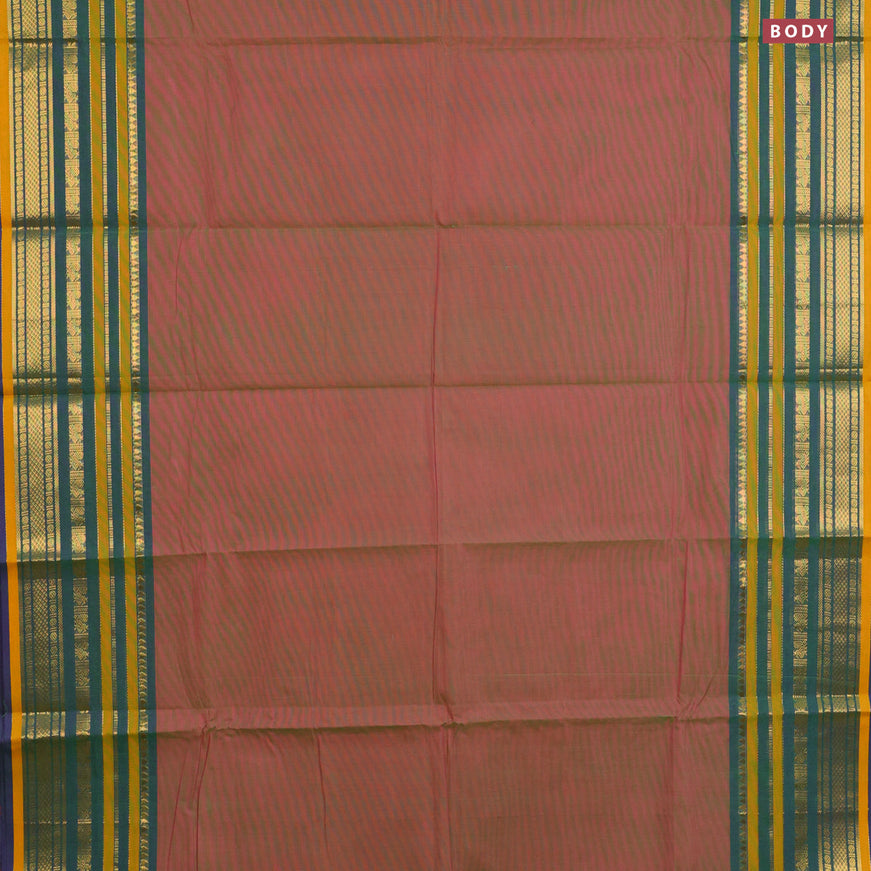 Chettinad cotton saree dual shade of pinkish green and dual shade of bluish green with plain body and long zari woven border & woven blouse