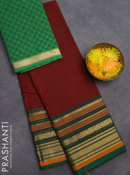 Chettinad cotton saree maroon shade and green with plain body and long zari woven border & woven blouse